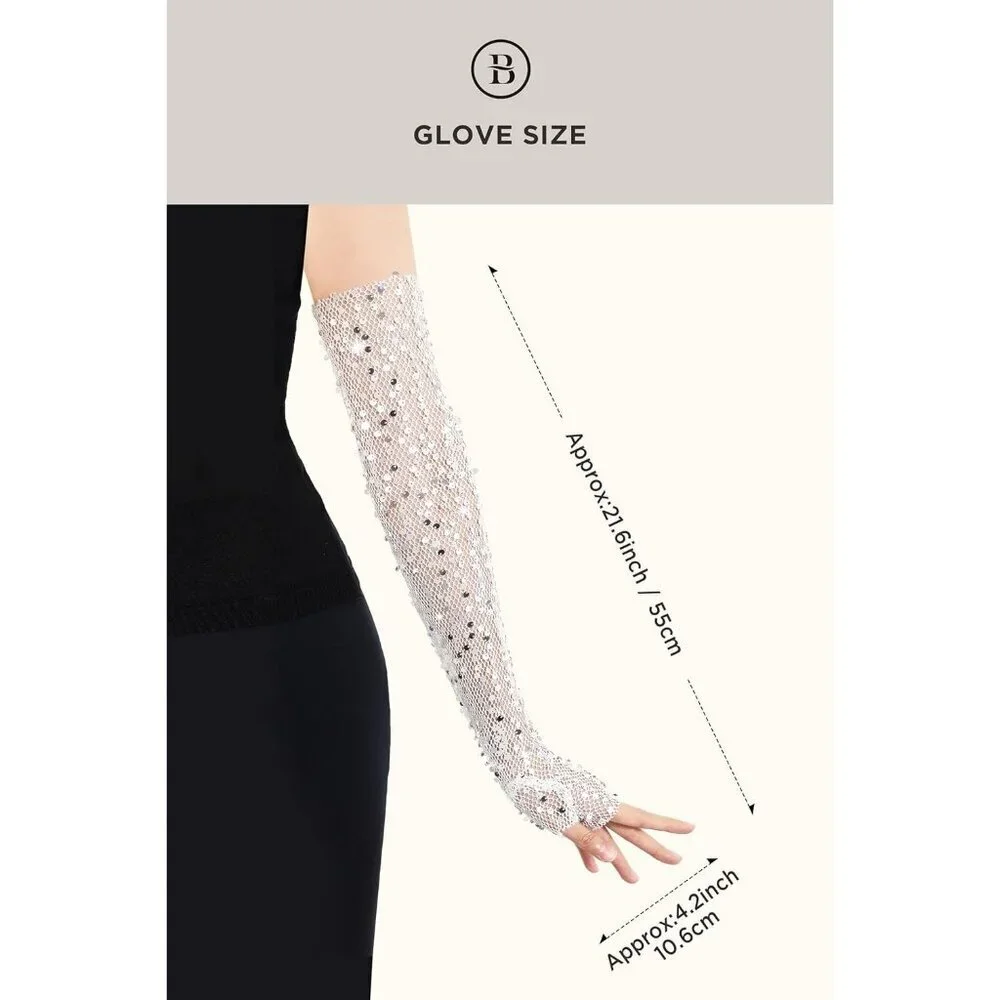 Women's White Fingerless Glitter Sequin Sparkling Elbow Length Long Gloves